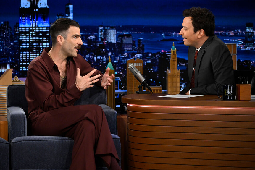 Zachary Quinto being interviewed by host Jimmy Fallon on The Tonight Show