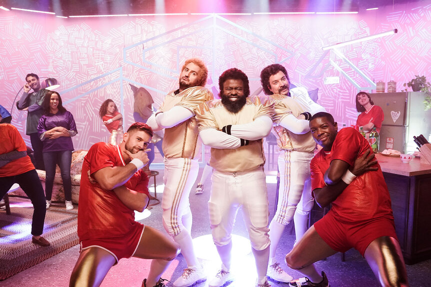 Luke Bryan, Tariq "Black Thought" Trotter, and host Jimmy Fallon pose in costume during "Football Party Patrol"