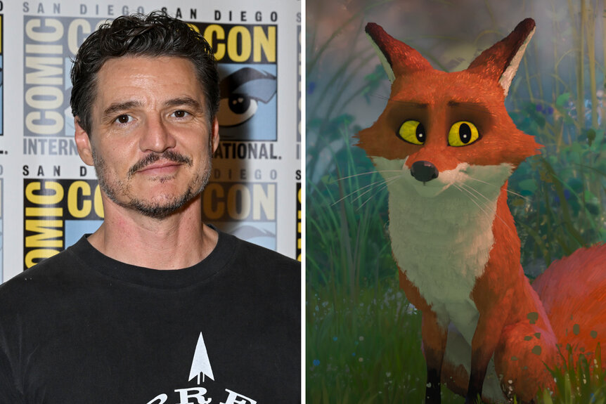 A split of Pedro Pascal and Fink from The Wild Robot