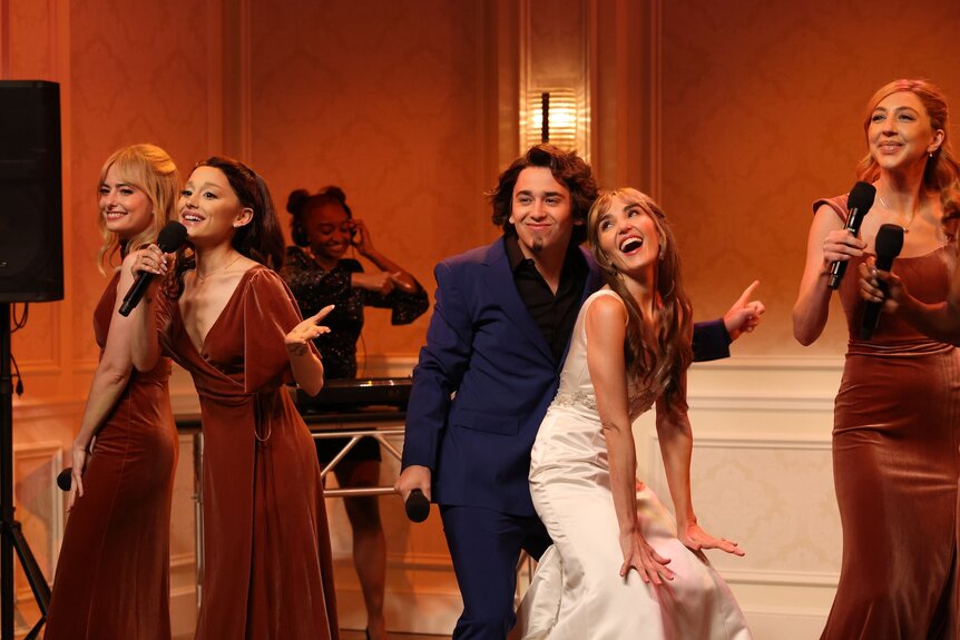 Sarah Sherman Ariana Grande Marcello Hernandez Chloe Fineman Heidi Gardner in wedding reception clothes on SNL.