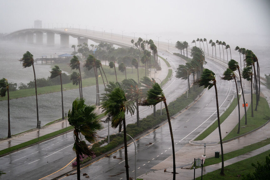 Wind gusts blow across Sarasota Bay during Hurricane Ian