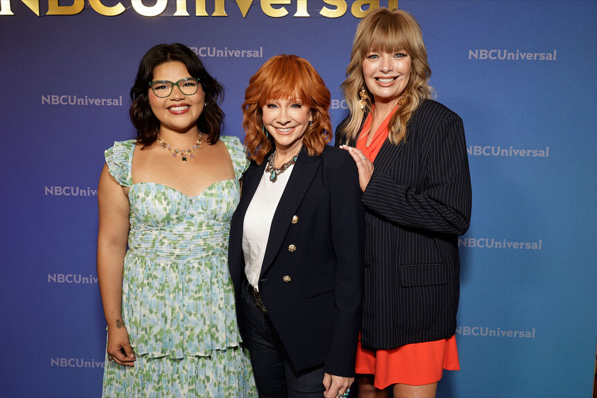 Belissa Escobedo, Reba McEntire, and Melissa Peterman attend the NBCUniversal Summer Press Tour for “Happy’s Place”