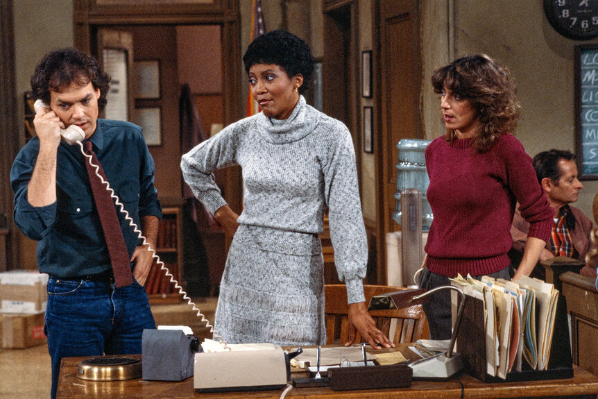 Michael Keaton (as Murphy), Olivia Cole (as Blanche) and Donna Ponterotto (as Lucy) in 'Report to Murphy'.