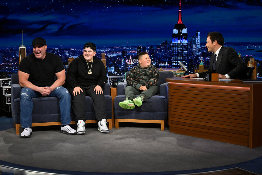 A.J., Big Justice, and The Rizzler laugh while being interviewed on The Tonight Show Starring Jimmy Fallon Season 12 Episode 17