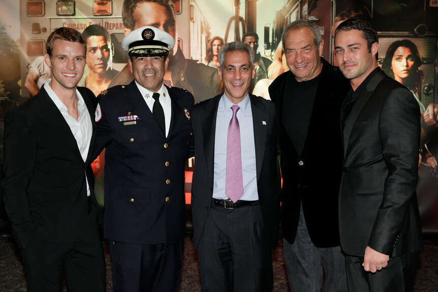 Jesse Spencer, Chicago Fire Department Commissioner Jose Santiago, Former Mayor of Chicago Rahm Emanuel, Executive Producer Dick Wolf, and Taylor Kinney at the world premiere of "Chicago Fire" at the Chicago History Museum on Tuesday, Oct. 2, 2014.