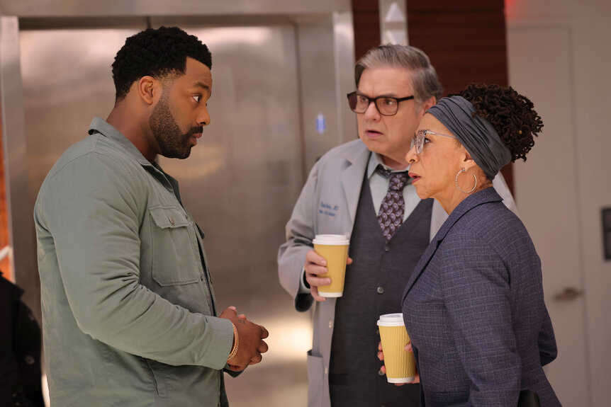 Kevin Atwater (LaRoyce Hawkins), Daniel Charles (Oliver Platt), and Sharon Goodwin (S. Epatha Merkerson) in Season 10 Episode 6 of Chicago Med