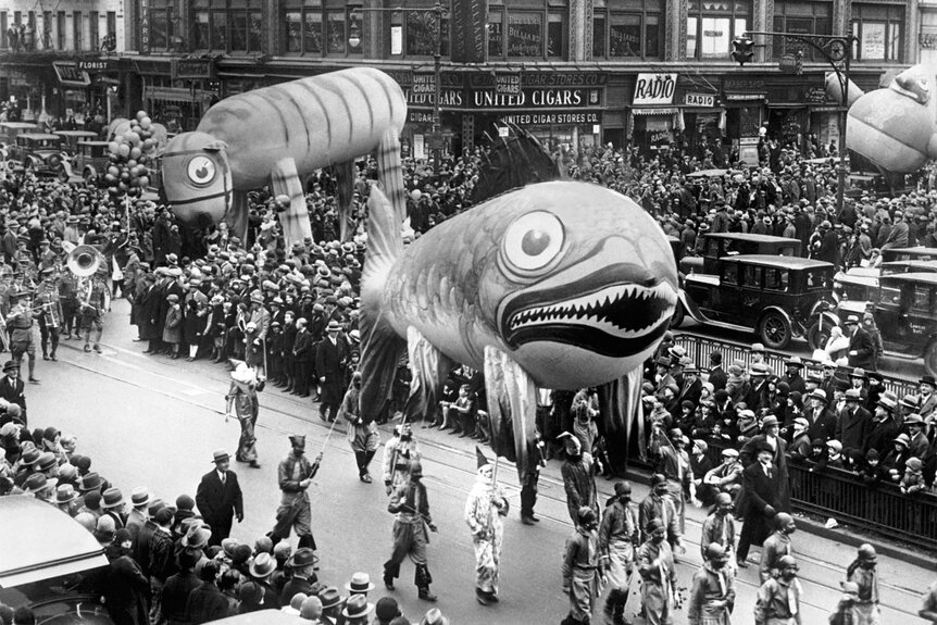 View of a giant fish ballon from the Macy's Thanksgiving Day Parade in 1929.