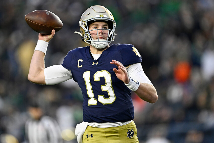 Notre Dame Fighting Irish's quarterback Riley Leonard throws the ball