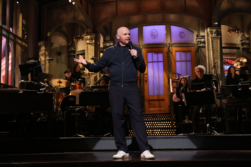 Bill Burr on stage during his monologue on Saturday Night Live Season 50 Episode 6