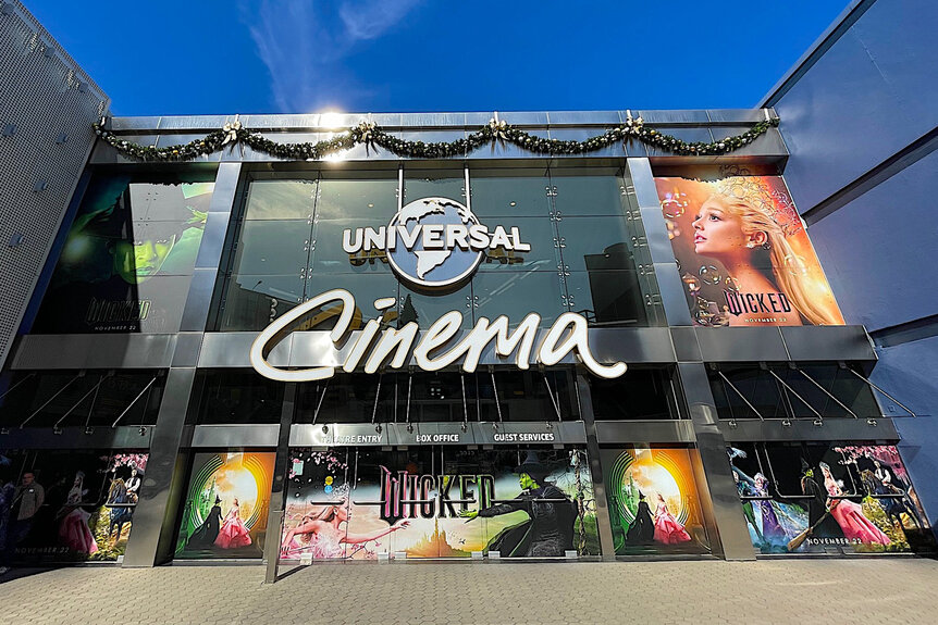 The outside view of the theatre featuring scenes from Wicked at Universal Studios Hollywood