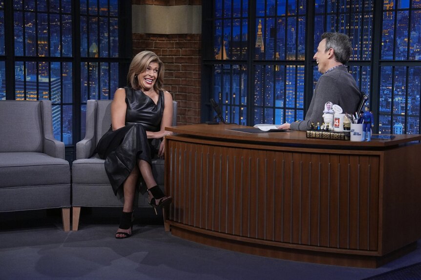 Hoda Kotb laughs during an interview with host Seth Meyers on Late Night With Seth Meyers Episode 1603.