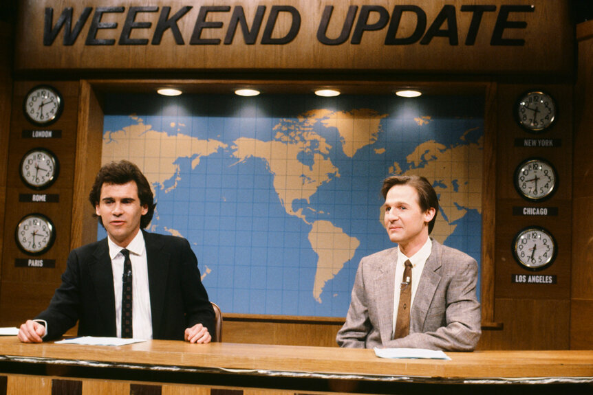 A. Whitney Brown and Dennis Miller during a sketch on Saturday Night Live Season 11