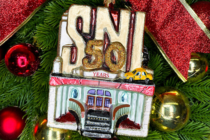 A closeup of an SNL50 Christmas ornament on pine needles.