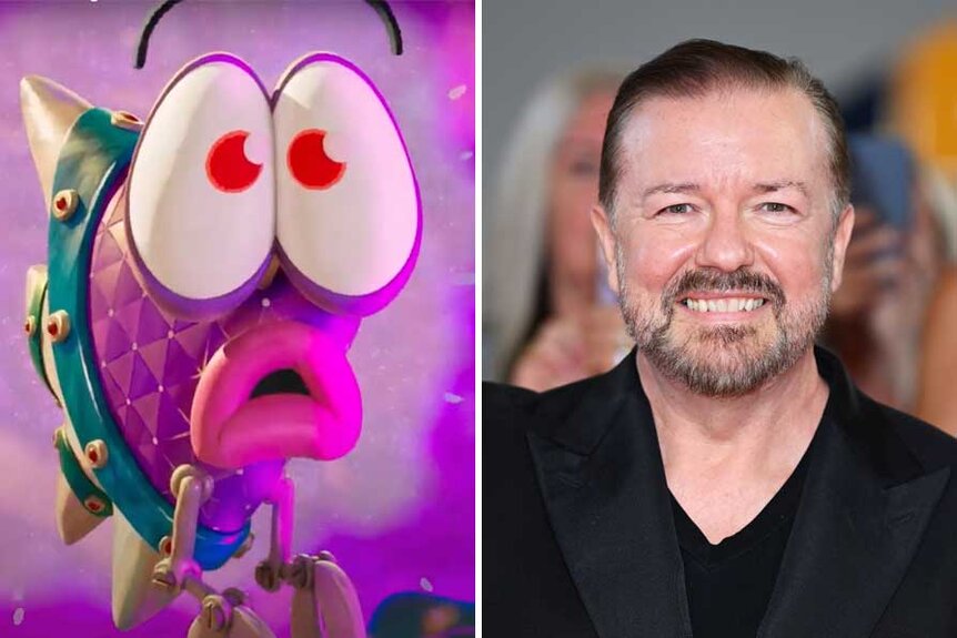 A split image of Flippy from Dog Man and Ricky Gervais.