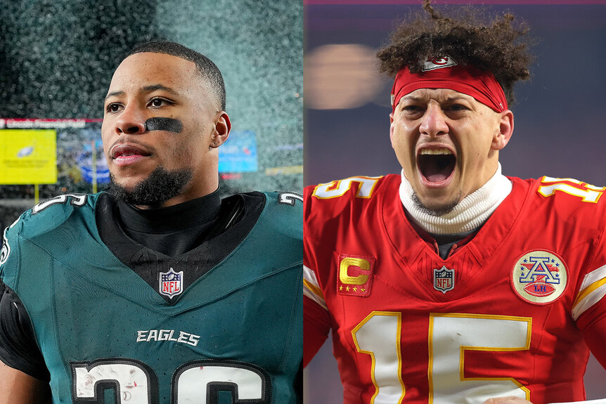 A split featuring Patrick Mahomes #15 of the Kansas City Chiefs and Saquon Barkley #26 of the Philadelphia Eagles