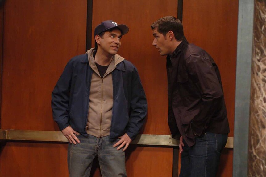 Fred Armisen and Matthew Fox speak to each other in an elevator on SNL Episode 3207.