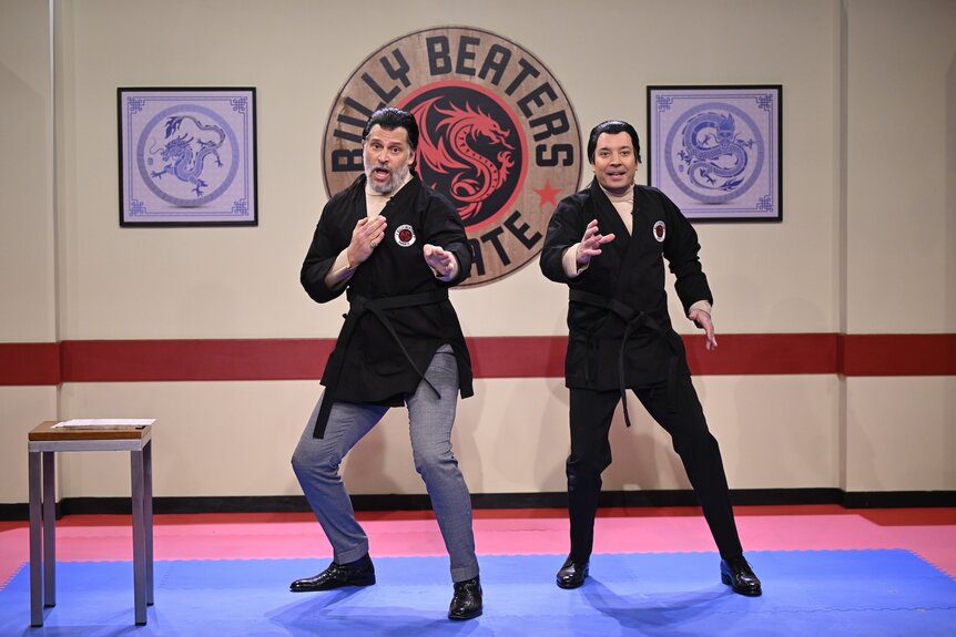 Joe Manganiello and Jimmy Fallon dress up as martial arts instructors on The Tonight Show Starring Jimmy Fallon Episode 2073.