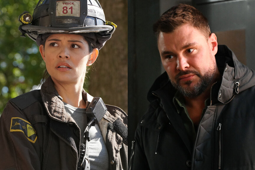 A split featuring Stella Kidd (Miranda Rae Mayo) from Chicago Fire and Adam Ruzek (Patrick John Flueger) in Chicago P.D.