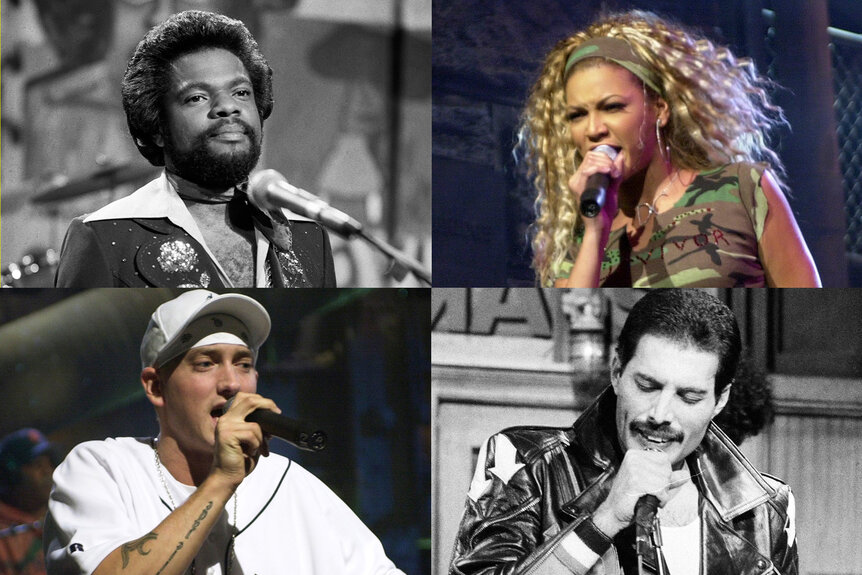 A collage featuring Billy Preston, Beyonce Knowles, Eminem, and Queen performing on SNL.