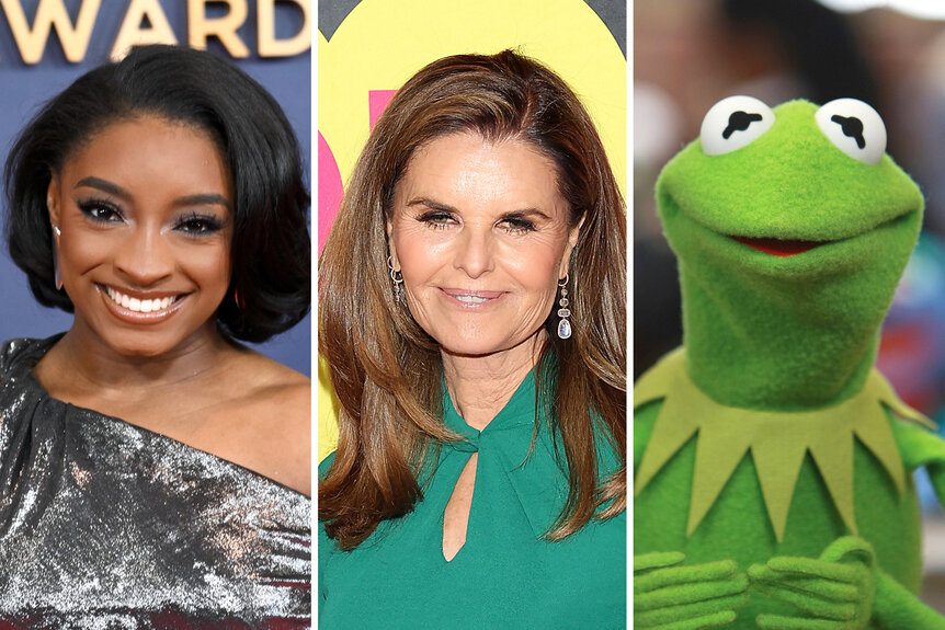 A split of Simone Biles, Maria Shriver and Kermit The Frog