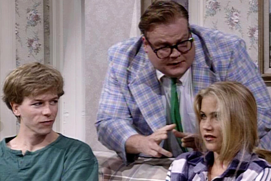 Chris Farley David Spade and Christina Applegate during a sketch on Saturday Night Live Season 18 Episode 19