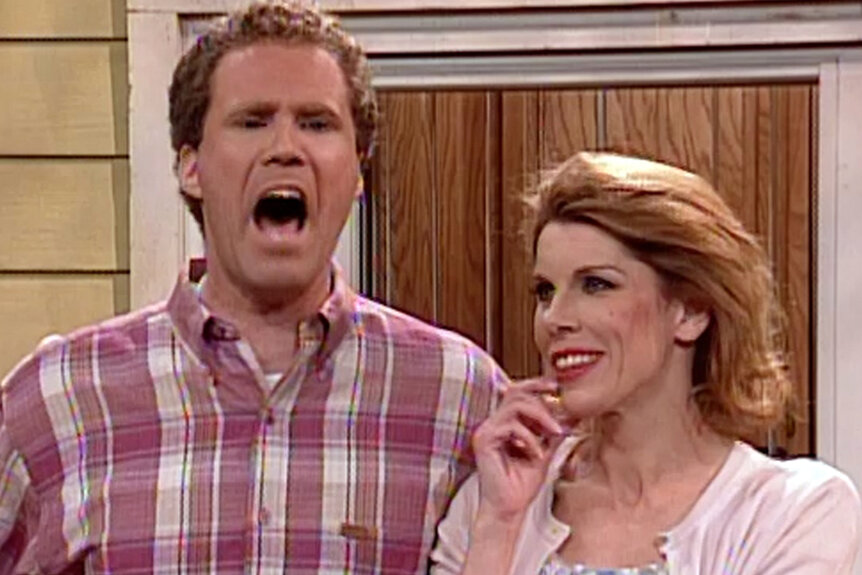 Will Ferrell and Christine Baranski scream during the get off the shed sketch on Saturday Night Live Season 21.