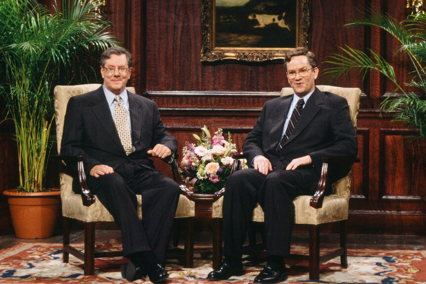 Mark Mckinney and Steve Forbes during a sketch on Saturday Night Live Season 21