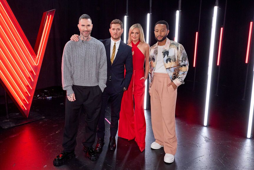 Adam Levine, Michael Bublé, Kelsea Ballerini, and John Legend pose together on The Voice Season 27, Episode 1.