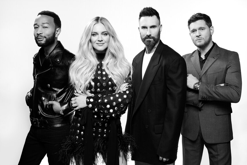 A black and white portrait of The Voice Season 27 Coaches