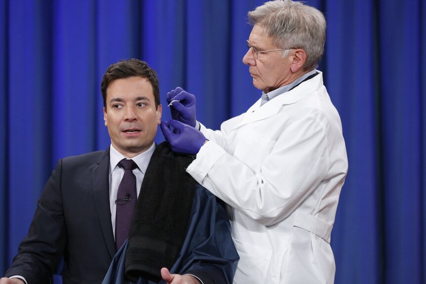 Jimmy Fallon gets his ear pierced by Harrison Ford on Late Night with Jimmy Fallon Episode 920.