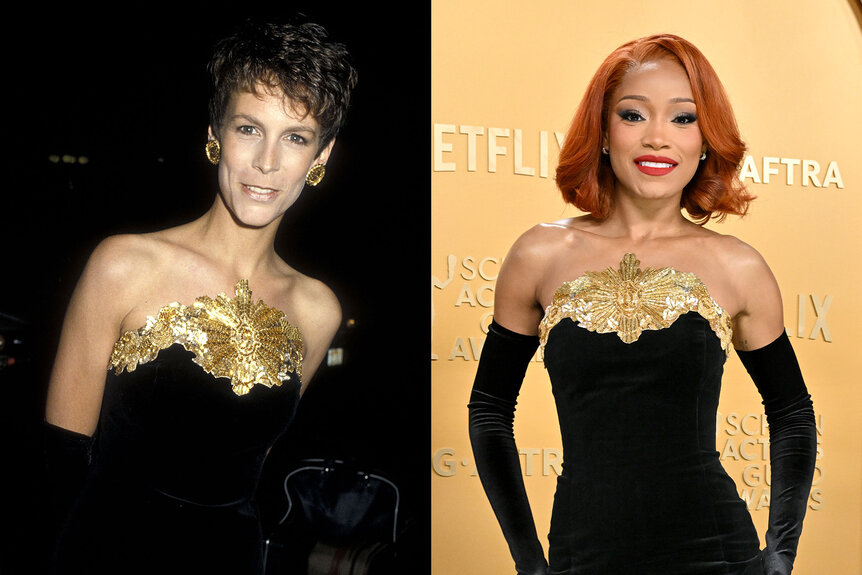 A split featuring Jamie Lee Curtis and Keke Palmer wearing the same black and gold dress.