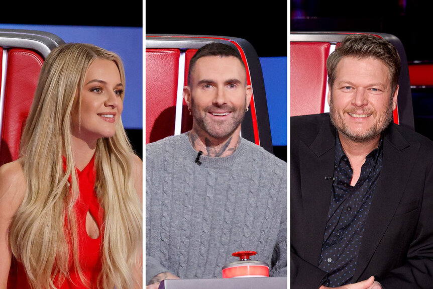 A split of Kelsea Ballerini, Adam Levine, and Blake Shelton during The Voice.