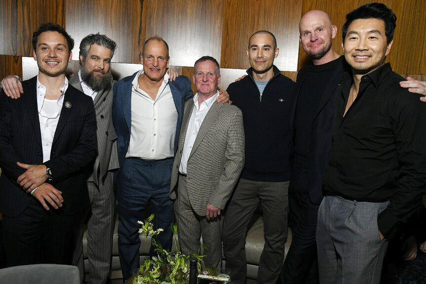 The cast of Last Breath pose with Duncan Allcock, Dave Yuasa, and Chris Lemons at the Premiere of Last Breath