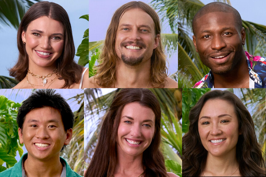 A split featuring Alexis Lete, David Genat, Phillip Solomon, Dickson Wong, Parvati Shallow, and Courtney "C.K." Kim from Deal or No Deal Island Season 2.