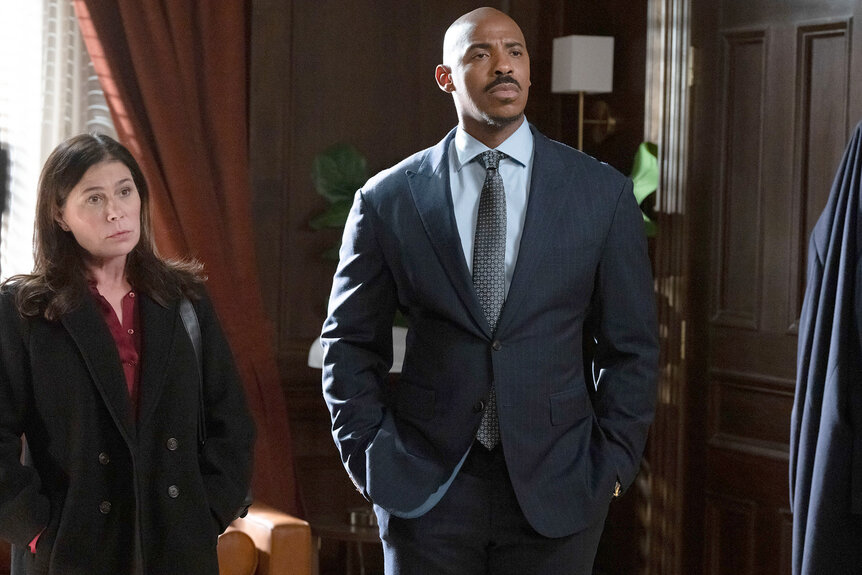 Jessica Brady and Jalen Shaw stand in a office on Law And Order Season 24 Episode 14