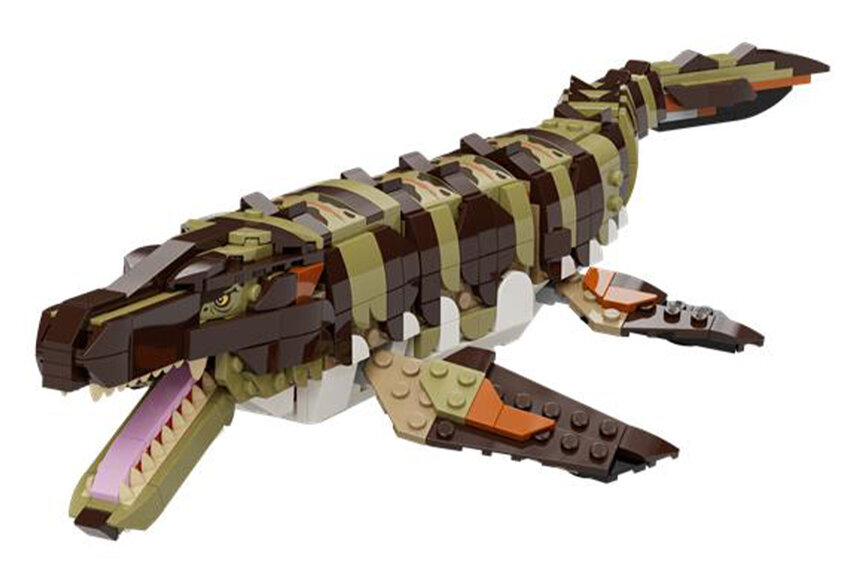 A lego figure of the Mosasaurus from Jurassic World: Rebirth (2025).