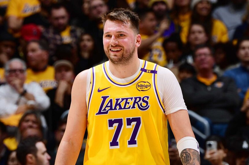 Luka Doncic smiles during the game against the Utah Jazz.