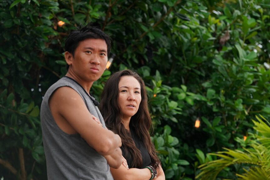 Dickson Wong and Courtney “CK” Kim fold their arms and look concerned on Deal or No Deal Island Season 2 Episode 6.