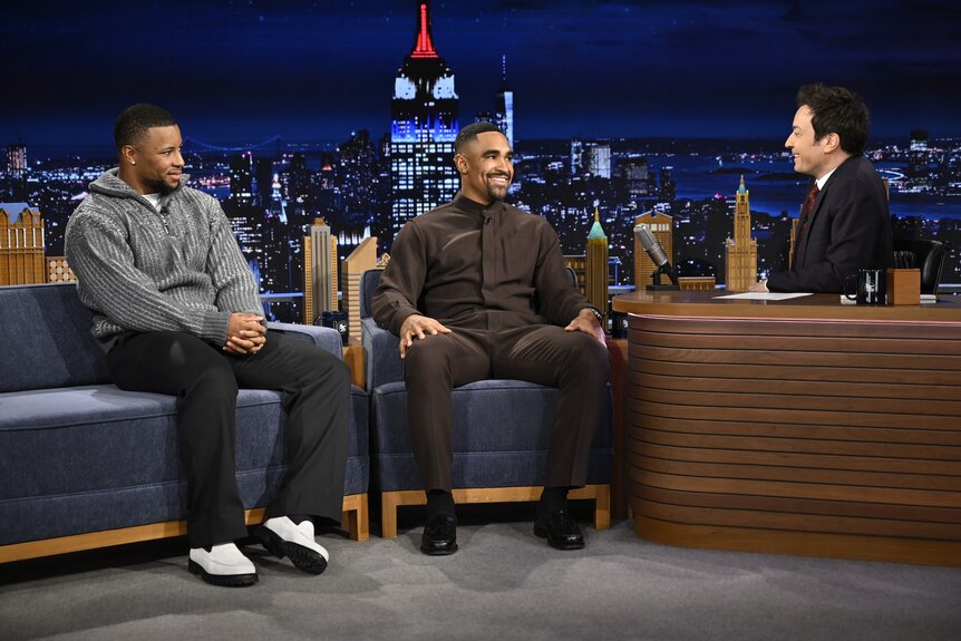 Jalen Hurts and Saquon Barkley speaks with Jimmy Fallon on The Tonight Show Starring Jimmy Fallon Episode 1270.