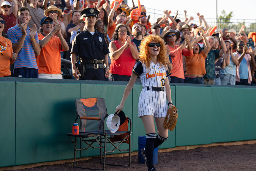 Charlie Cale waves in a baseball uniform on Season 2 of Poker Face