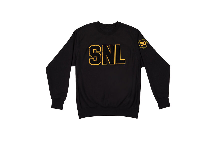 A black crewneck sweatshirt with the Saturday Night Live 50 logo on it