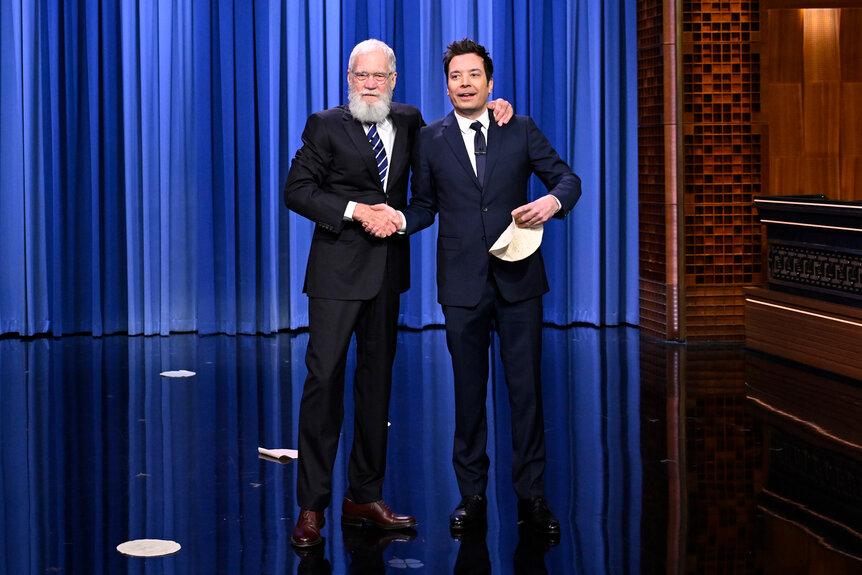 David Letterman joins Jimmy Fallon on stage during his monologue on The Tonight Show Starring Jimmy Fallon Season 12, Episode 69