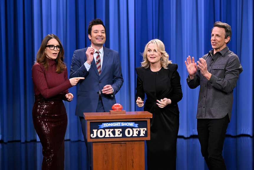 Tina Fey, Amy Poehler and Seth Meyers play a game on The Tonight Show Starring Jimmy Fallon Season 12, Episode 71