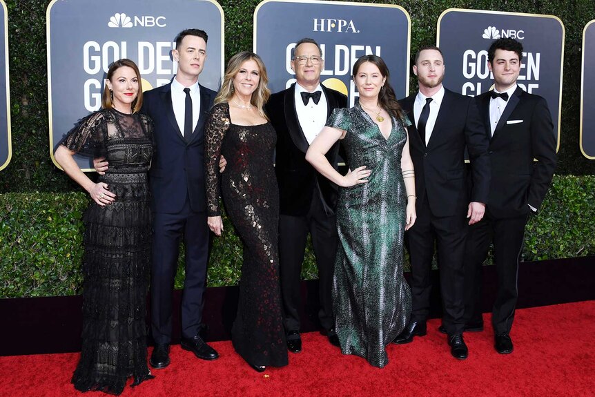 Tom Hanks with family Samantha Bryant, Colin Hanks, wife Rita Wilson, Elizabeth Ann Hanks, Chet Hanks, and Truman Hanks posing at the 77th Annual Golden Globe Awards.