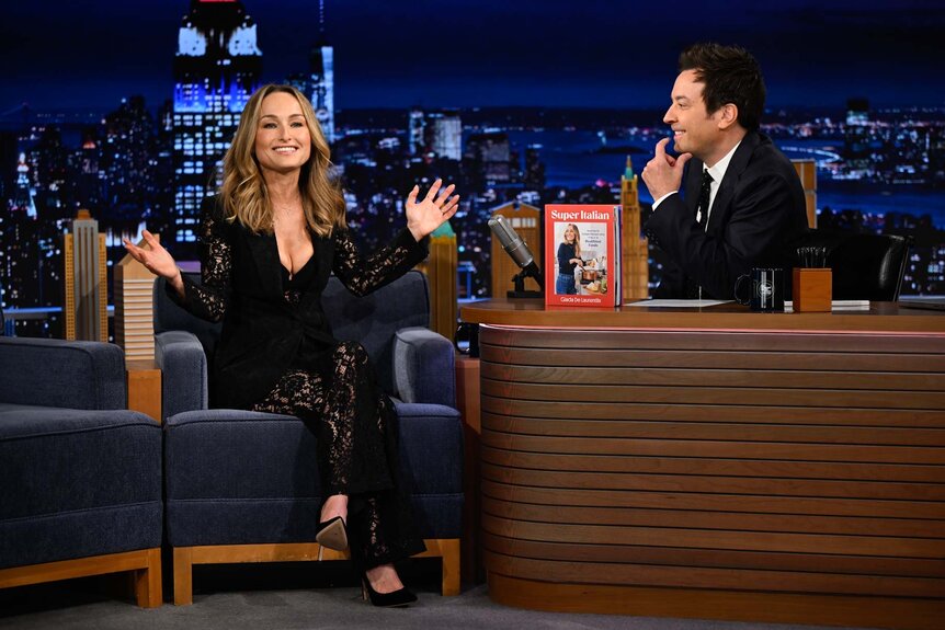 Giada De Laurentiis Holds her hands out on the tonight show starring jimmy fallon season 12 episode 77