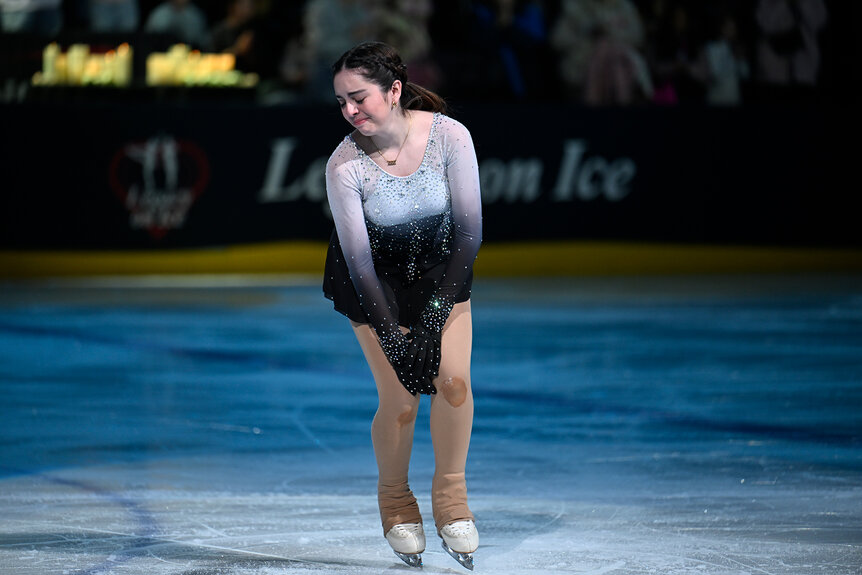 Isabella Aparicio cries while ice skating during the Legacy on Ice event