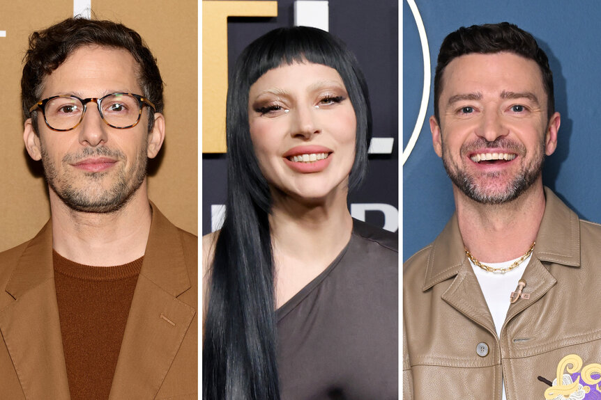 A split of Andy Samberg, Lady Gaga and Justin Timberlake