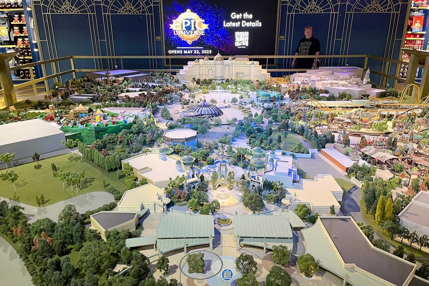 A large indoor 3D map of Universal Orlando Resort's Epic Universe.