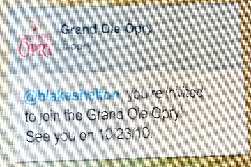 A tweet invitation to Blake Shelton from the Grand Ole Opry on October 10, 2010.