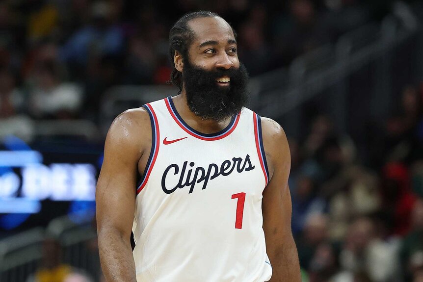 James Harden on the court during a game against the Milwaukee Bucks.